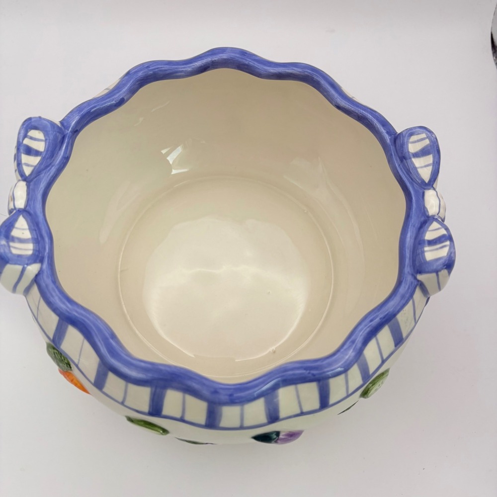 Fitz and Floyd Vegetable Serving Bowl White Blue Bow Raised Ribbons - Picture 5 of 8